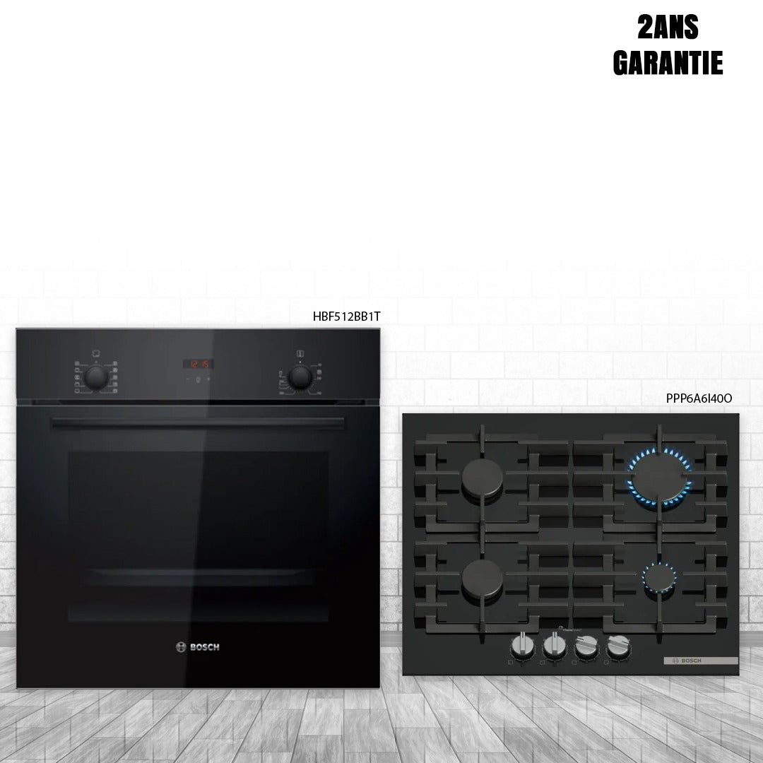 PACK DE CUISSON BOSCH Four encastrable Bosch HBF512BB1T + Plaque à gaz Bosch PPP6A6I40O