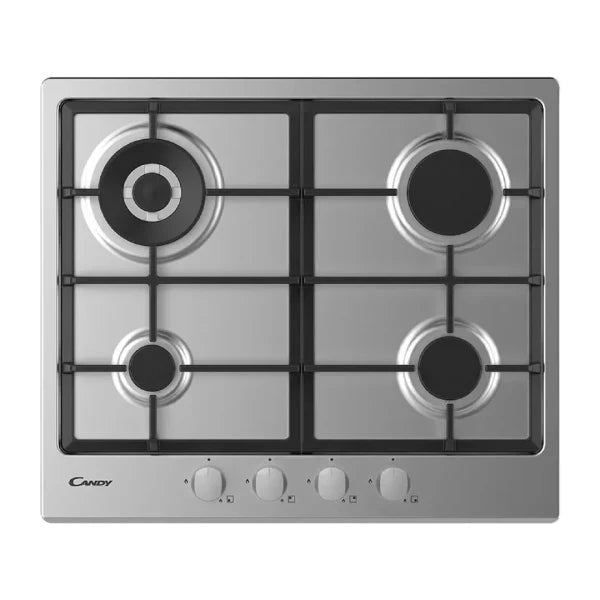 Candy Table de cuisson gaz – 4 zones, Inox, Grilles fonte – CHG6BRWPX