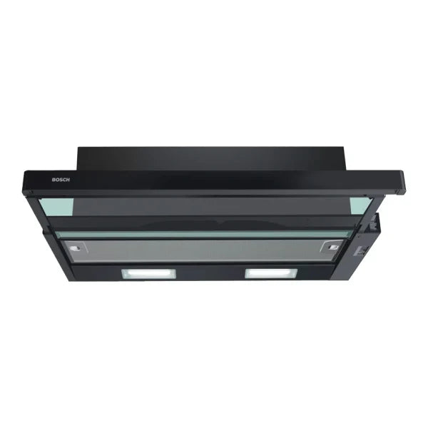 Bosch Hotte télescopique encastrable 60 cm – 300 m³/h, 3 vitesses, 62 dB, commande à curseur, noir – DFT63CA60Q