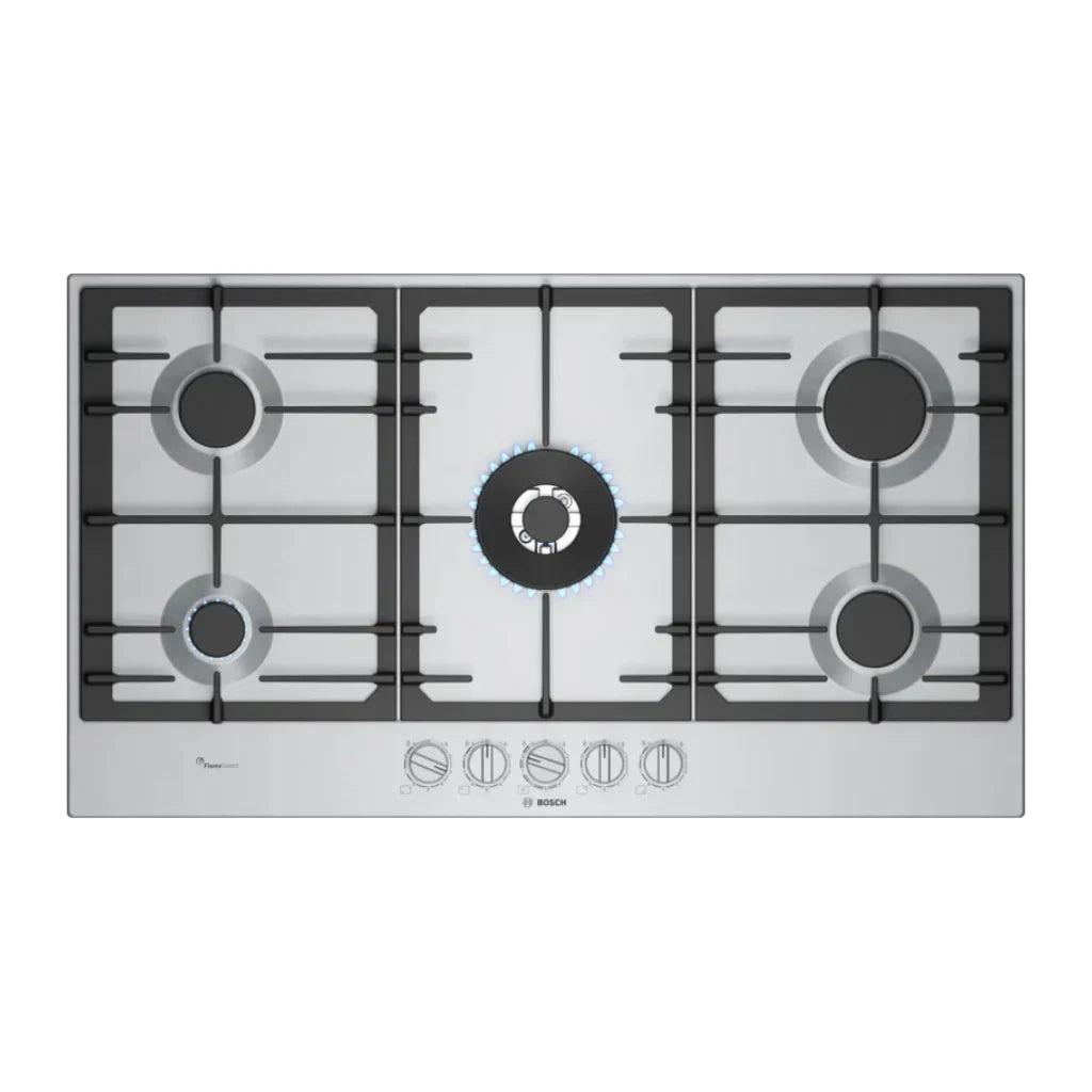 Bosch Plaque de cuisson gaz 90 cm – 5 foyers, Wok 5 kW, FlameSelect 9 niveaux, grilles fonte – PCR9A5I90M