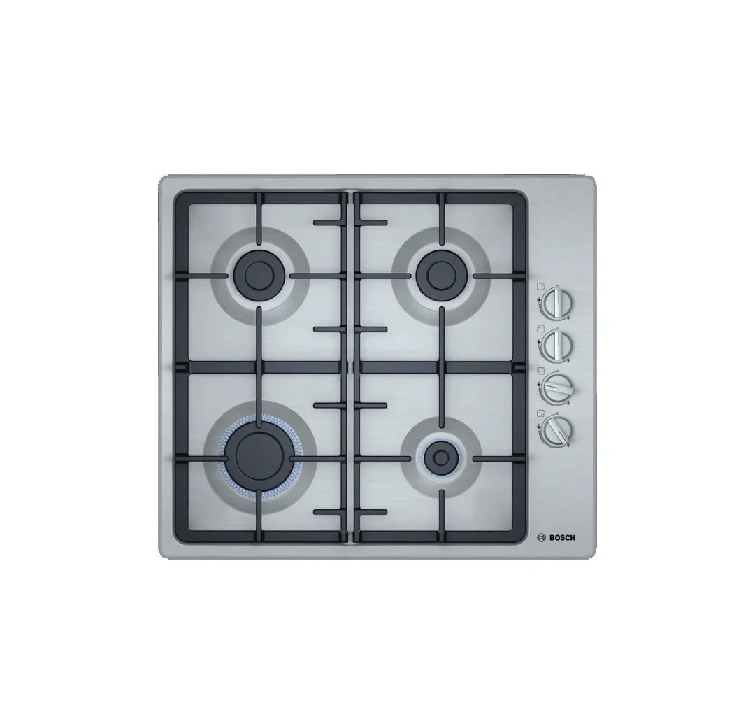 Bosch Plaque Gaz 4 Feux 60 cm – Fonte & Inox, 7 500 W – PBP6C5K90O