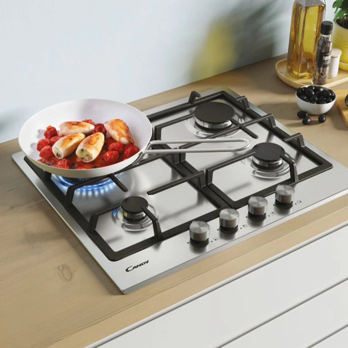 Candy Table de cuisson gaz – 4 zones, Inox, Grilles fonte – CHG6BRWPX
