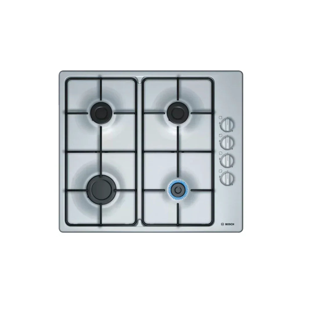 Bosch Plaque Gaz 4 Feux – 60 cm, Inox, Grilles Fonte & Allumage Électronique – PBP0C5B82L
