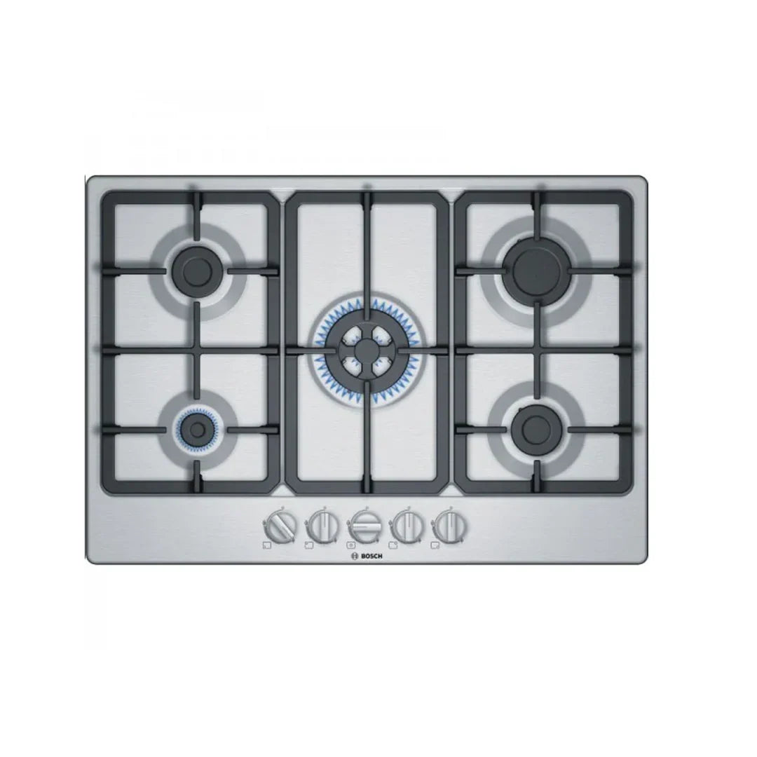 Bosch Plaque de cuisson gaz 75 cm - 5 brûleurs, grilles en fonte, auto-allumage -
PGQ7B5K90