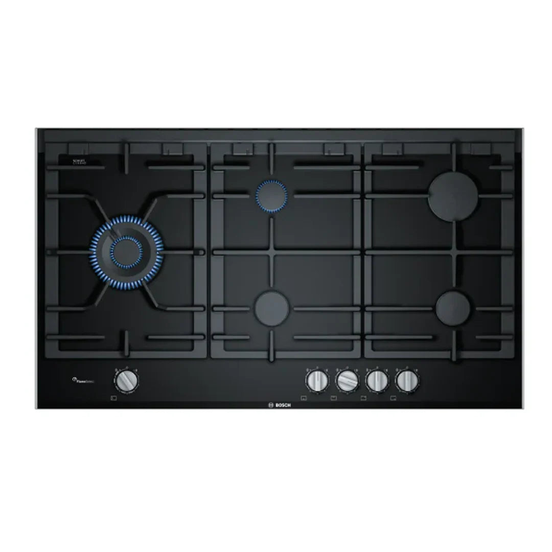 Bosch Table Gaz Vitrocéramique 90 cm – 5 foyers, FlameSelect 9 niveaux, Double Wok – PRS9A6B70