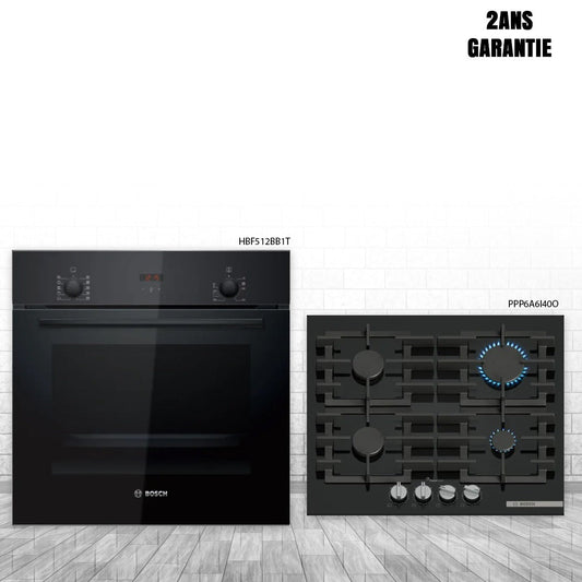 PACK DE CUISSON BOSCH Four encastrable Bosch HBF512BB1T + Plaque à gaz Bosch PPP6A6I40O