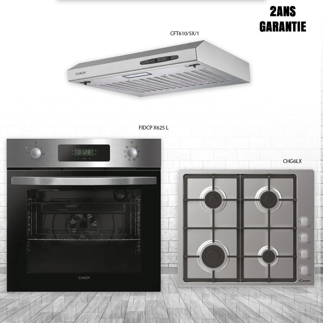 Trio candyFour Candy FIDCP X625 L + Plaque Candy CHG6LX + Hotte Candy CFT610/5X/1