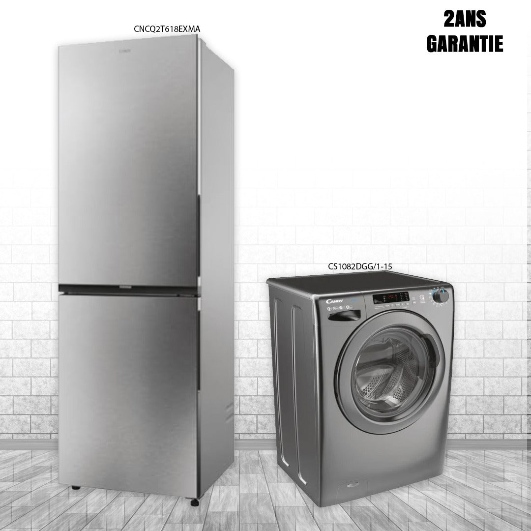 PACK CANDY Réfrigérateur candy CNCQ2T618EXMA + Lave-linge CANDY CS1082DGG/1-15