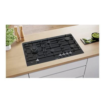 Bosch Table Gaz Vitrocéramique 90 cm – 5 foyers, FlameSelect 9 niveaux, Double Wok – PRS9A6B70