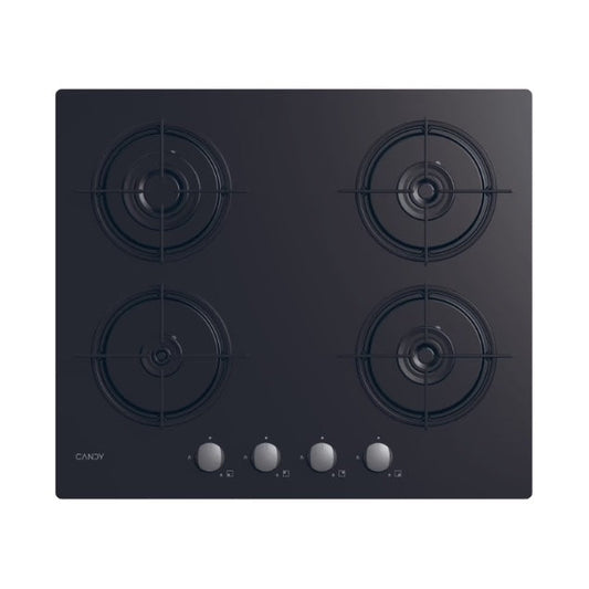 Candy Table de cuisson gaz sur verre 60 cm – 4 foyers fonte, verre trempé noir, sécurité gaz & grilles lavables – CSG6B4U2