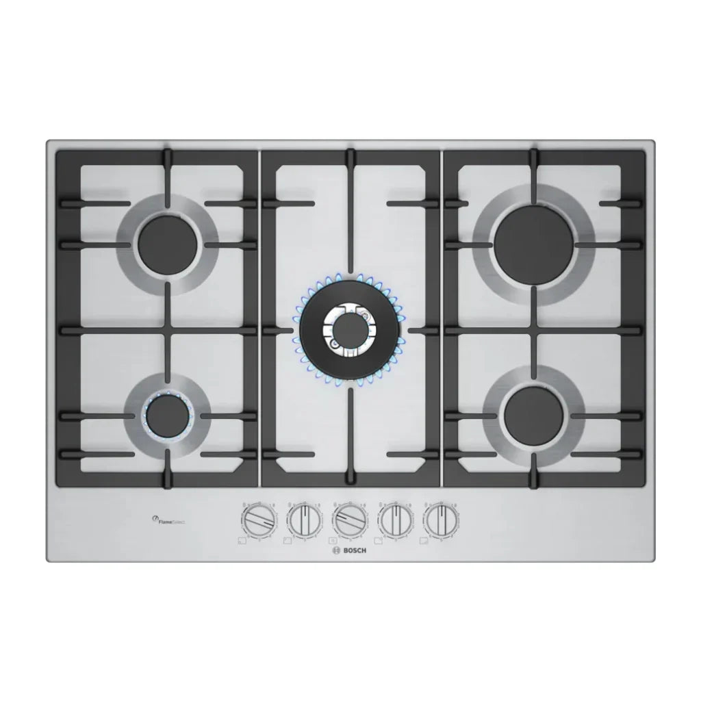 Bosch Table gaz 75 cm – Acier inox, 5 foyers dont Wok 4 kW, FlameSelect 9 niveaux – PCQ7A5I90