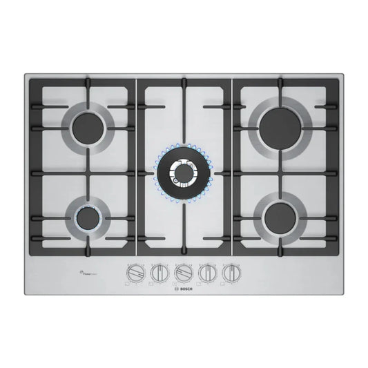 Bosch Table gaz 75 cm – Acier inox, 5 foyers dont Wok 4 kW, FlameSelect 9 niveaux – PCQ7A5I90