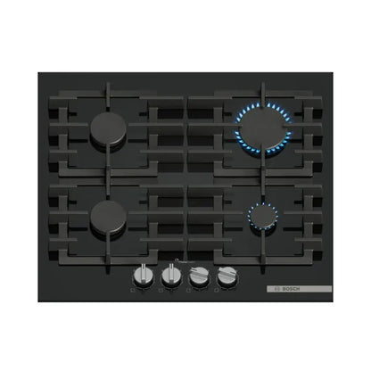 Bosch Table gaz 60 cm – Verre trempé noir, 4 foyers, FlameSelect 9 niveaux – PPP6A6I40O