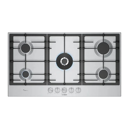 Bosch Plaque de cuisson gaz 90 cm – 5 foyers, Wok 5 kW, FlameSelect 9 niveaux, grilles fonte – PCR9A5I90M
