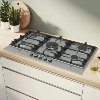 Bosch Plaque de cuisson gaz 90 cm – 5 foyers, Wok 5 kW, FlameSelect 9 niveaux, grilles fonte – PCR9A5I90M