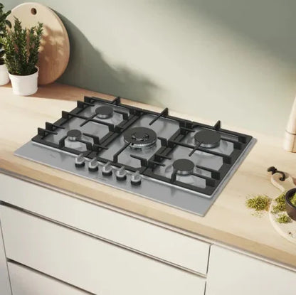 Bosch Table gaz 75 cm – Acier inox, 5 foyers dont Wok 4 kW, FlameSelect 9 niveaux – PCQ7A5I90