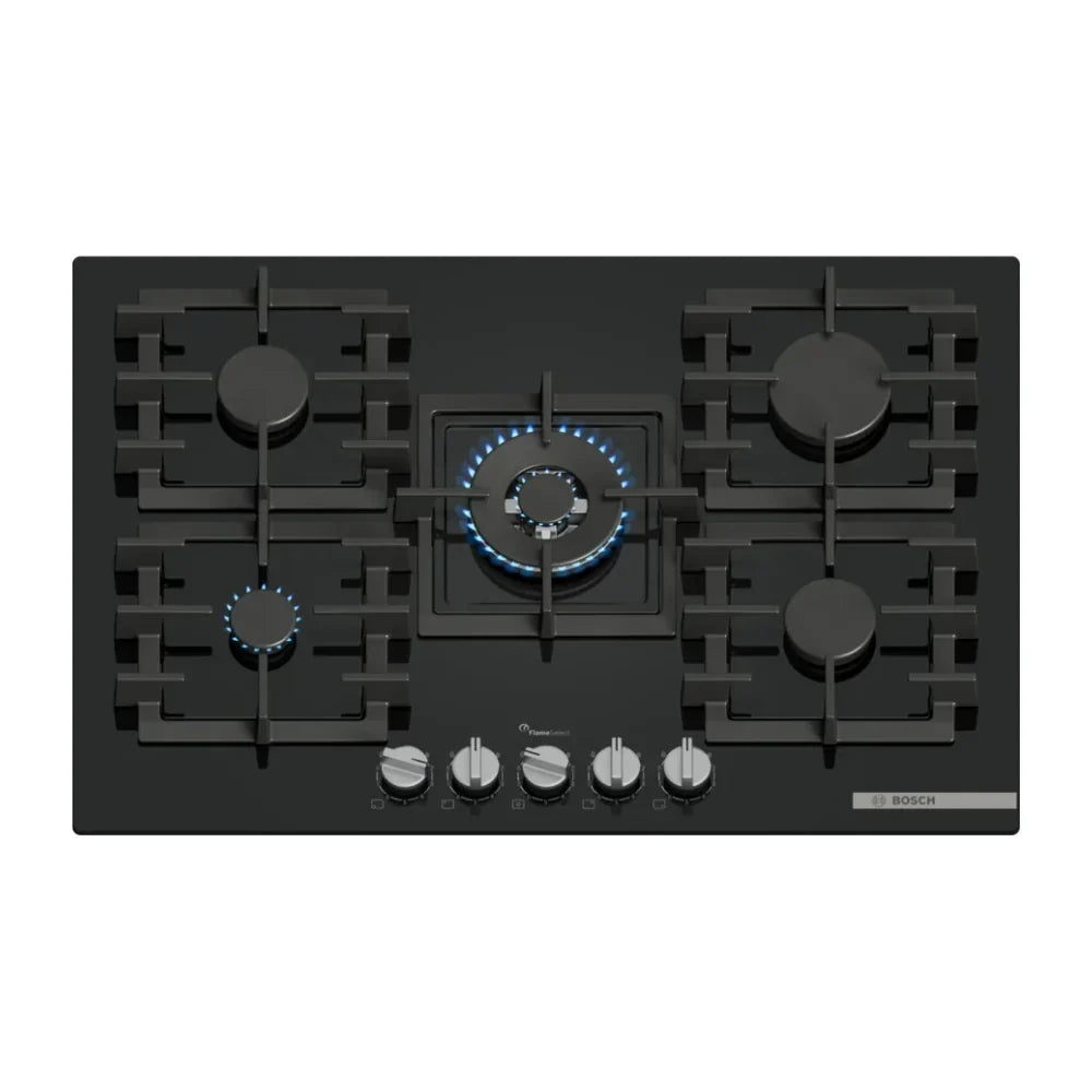 Bosch Table gaz 75 cm – Verre trempé noir, 5 foyers dont Wok 4 kW, FlameSelect 9 niveaux – PPQ7A6I40
