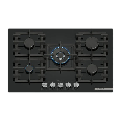 Bosch Table gaz 75 cm – Verre trempé noir, 5 foyers dont Wok 4 kW, FlameSelect 9 niveaux – PPQ7A6I40