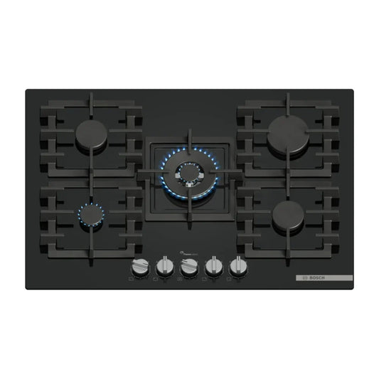 Bosch Table gaz 75 cm – Verre trempé noir, 5 foyers dont Wok 4 kW, FlameSelect 9 niveaux – PPQ7A6I40