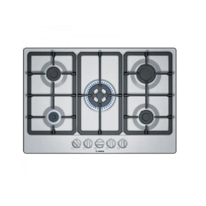 Bosch Plaque de cuisson gaz 75 cm - 5 brûleurs, grilles en fonte, auto-allumage -
PGQ7B5K90