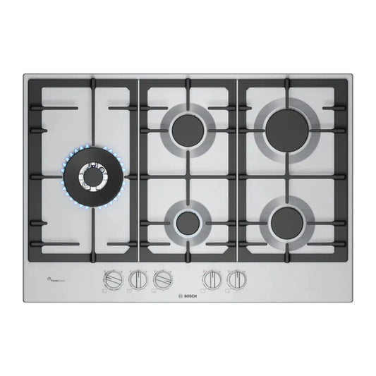 Bosch Table de cuisson gaz 75 cm – 5 foyers, FlameSelect 9 niveaux, grilles fonte, acier inox – PCS7A5I90