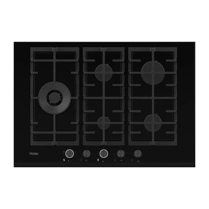 Haier Plaque Gaz 75 cm – 5 brûleurs (dont double couronne), verre trempé, commandes frontales – HAVG7WL5WS6B/1