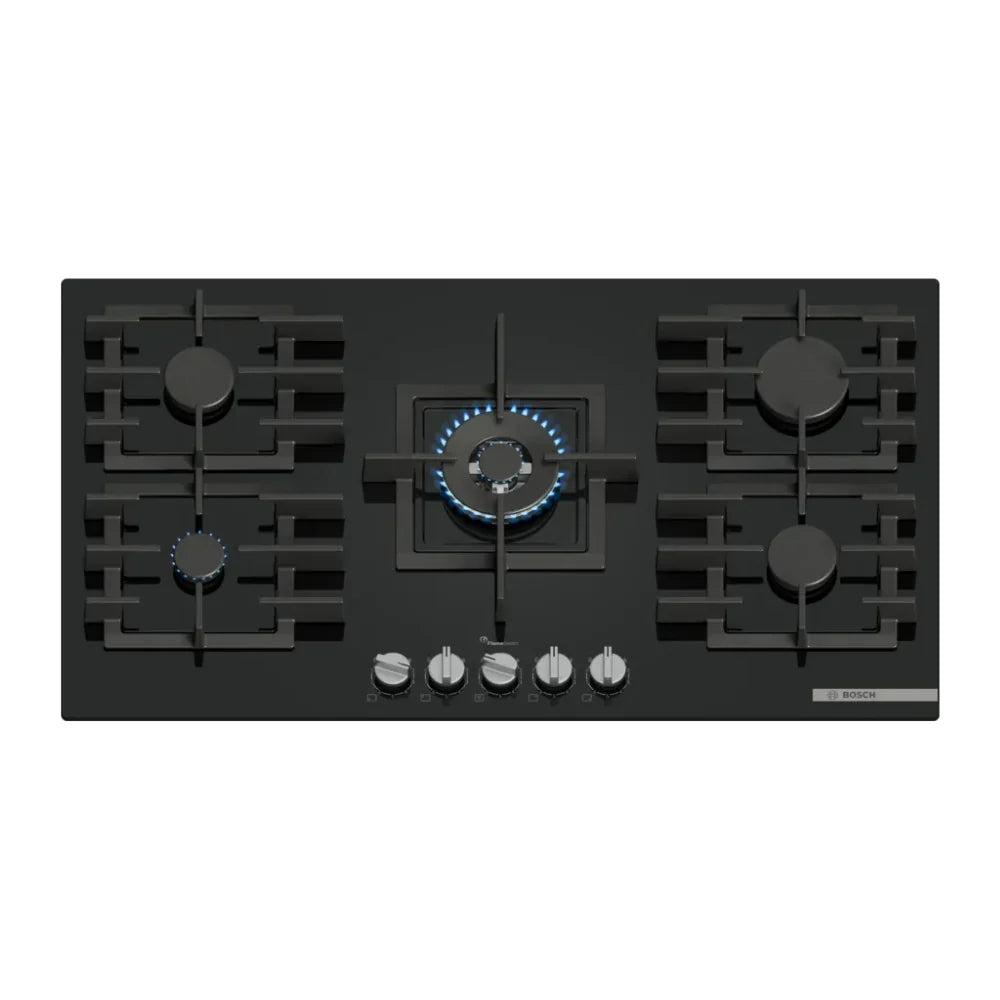 Bosch Plaque de cuisson gaz 90 cm – 5 foyers, brûleur Wok, FlameSelect, verre noir encastrable – PPQ9A6I40