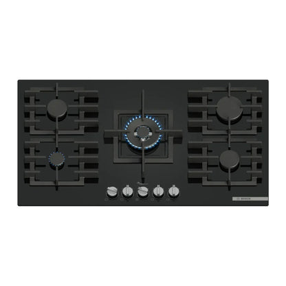 Bosch Plaque de cuisson gaz 90 cm – 5 foyers, brûleur Wok, FlameSelect, verre noir encastrable – PPQ9A6I40