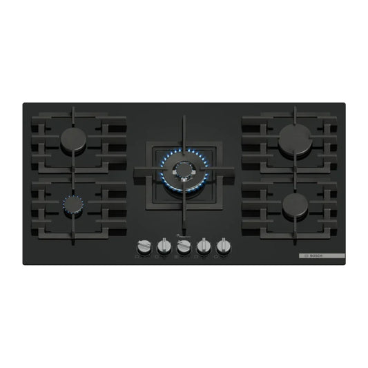 Bosch Plaque de cuisson gaz 90 cm – 5 foyers, brûleur Wok, FlameSelect, verre noir encastrable – PPQ9A6I40